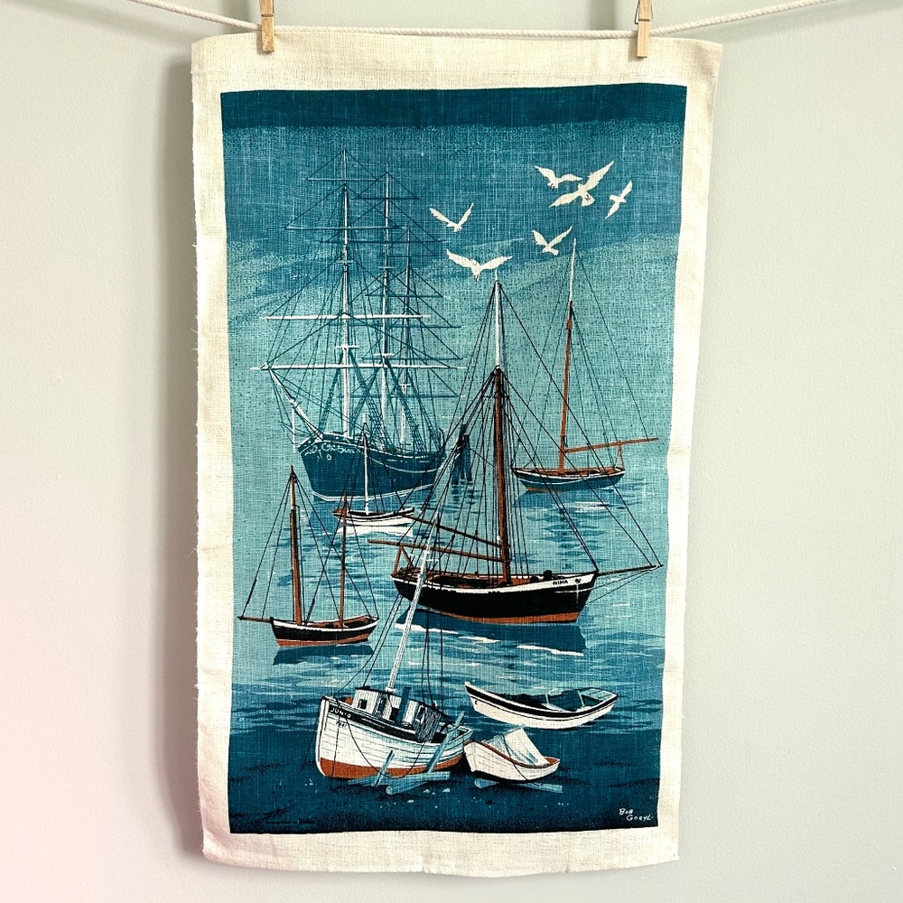 Vintage Nautical Linen Tea Towel: Bob Goryl Mid Century Sailboat Wall Hanging
